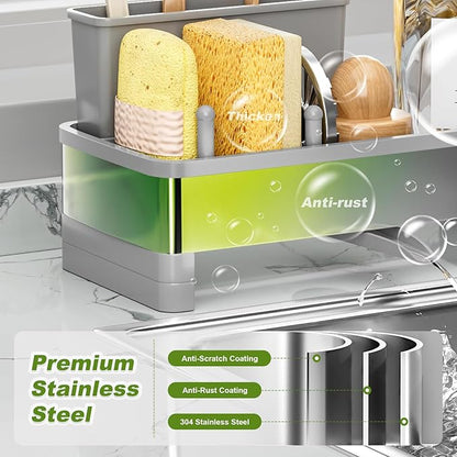 Ewaiira Stainless Steel Sink Caddy, Sponge Holder for Kitchen Sink with Brush Holder Dishcloth Rack, Rustproof Sink Organizer Countertop, Soap Dispenser Kitchen Organizers Storage Essentials, Gray9.8″ - Image 4