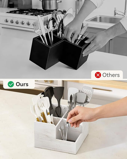 Yofidra Kitchen Utensil Holder with Stone Drying Mats, 4 Compartments Corner Utensil Holder for Kitchen Countertop, Extra Large Silverware Organizer (White)