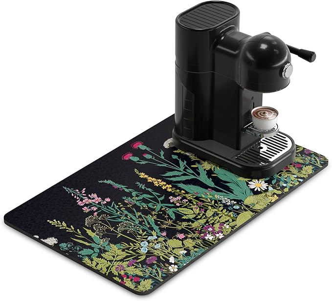 Rnivvi Coffee Mat, 12" x 19" Cute Flower Theme Coffee Bar Mats for Espresso Machine Station Accessories and Organizer, Hide Stain Rubber Backed Absorbent Dish Drying Pad for Kitchen Counter, Black by Rnivvi