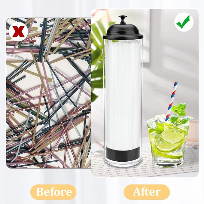 13.5 inch Straw Holder for Standard& Long Bended Size Drinking Straws, Acrylic Plastic Straw Dispenser for Counter with Lid Black Pack of 2(Straws Not Include)