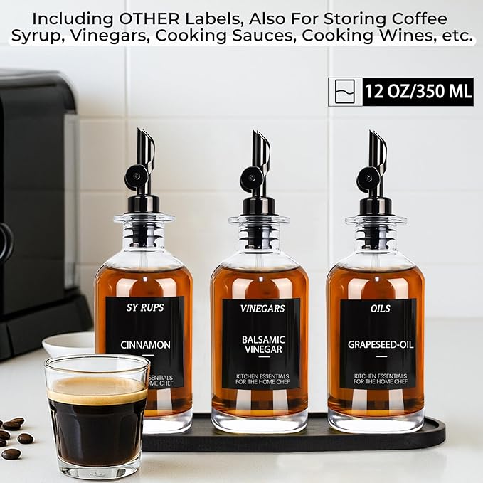 3PCS Olive Oil Dispenser Bottle For Kitchen, Soy Sauce Dispenser, Glass Oil and Vinegar Dispenser Set W. Wooden Tray & Labels & 3 Replacement Spouts, Coffee Syrup Dispenser(Clear) - Image 7