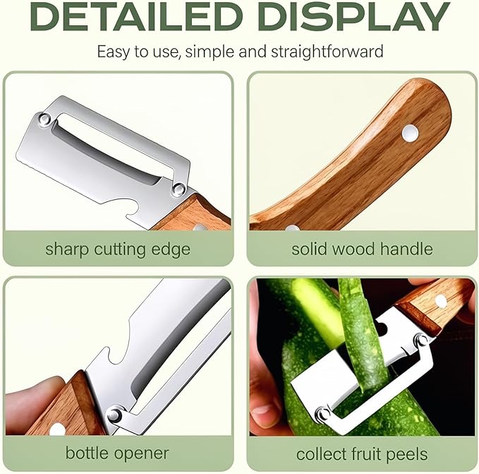 3Pcs Multifunctional Vegetable Peeler, 2-in-1 Multifunctional Vegetable Peeler with Wooden Handle & Stainless Steel Blade, Built-in Bottle Opener, Fruit & Vegetable Kitchen Peeling Tool - Image 5