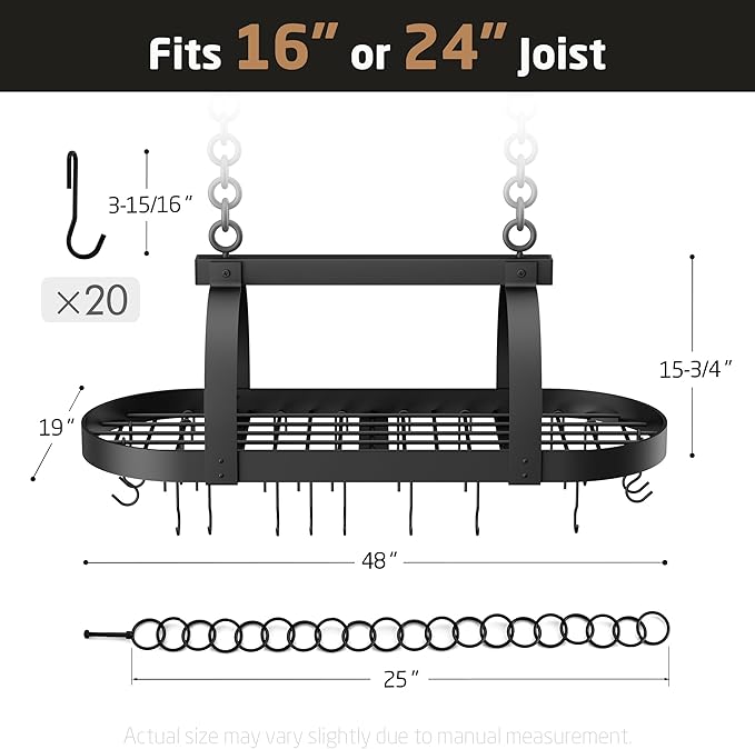 KES 48 Inch Large Hanging Pot Rack, Heavy Duty Oval Pot and Pan Hanging Rack Ceiling Mount, Pot Pan Hangers for Kitchen with 20 Hooks, Matte Black, (For 16" and 24" Joist Mount), KUR225S122-BK - Image 7