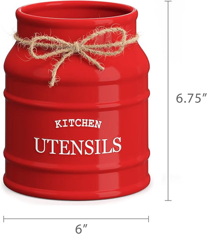 Barnyard Designs Ceramic Farmhouse Utensil Holder for Kitchen Counter, Large Rustic Utensil Crock, Countertop Cooking Tool Spatula Organizer, 6.75” (Red) - Image 7