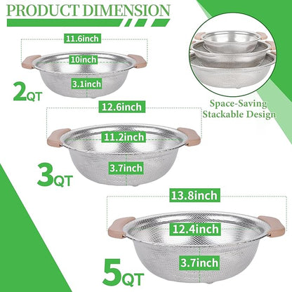 Colander Set with Plastic Handles, Stainless Steel Micro-Perforated Colanders Strainers for Draining Rinsing Washing, Ideal for Pasta Vegetables Fruits, Heavy Duty & Dishwasher Safe - Image 2