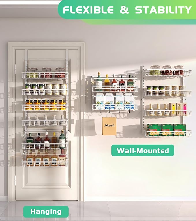 Mefirt Over The Door Pantry Organizer, Wall Mount Spice Rack, Pantry Hanging Storage and Organization, 6 Adjustable Baskets Heavy-Duty Metal for Home & Kitchen, Back of Door Seasoning Rack - White - Image 6