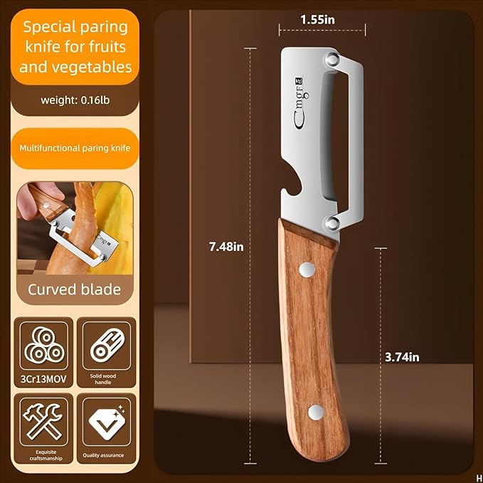 Premium Vegetable Peeler with Wooden Handle and Bottle Opener Stainless Steel Blade Kitchen Tool for Fruit Apple Potato Pumpkin Papaya Zucchini - Image 2