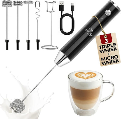 Zulay Kitchen Rechargeable Milk Frother Handheld - Lux 4 Whisks, Powerful 2-Speed Motor, Waterproof, 2000mAh Battery - Drink Mixer for Latte, Cappuccino, Matcha & Protein Powder - Jet Black by ZulayKitchen