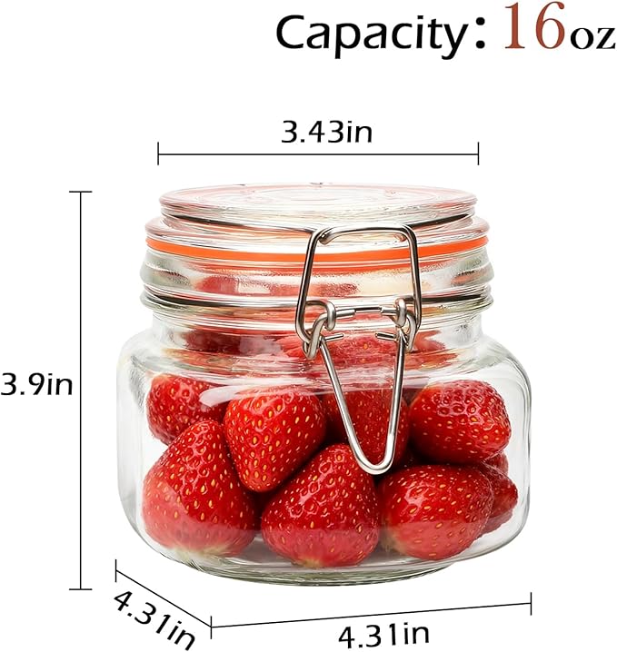 16 oz Glass Jars With Airtight Lids And Leak Proof Rubber Gasket,Wide Mouth Mason Jars With Hinged Lids For Kitchen,Glass Storage Containers 6 Pack - Image 2