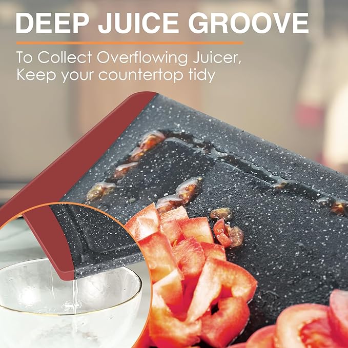 Extra Large Cutting Boards, Plastic Cutting Boards for Kitchen (Set of 3) Cutting Board Set Dishwasher Chopping Board with Juice Grooves Easy-Grip Handles, Red, Empune - Image 5