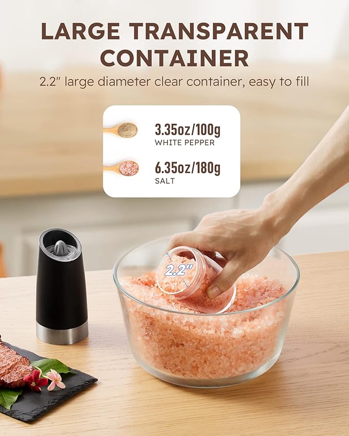 Sangcon Gravity Electric Salt and Pepper Grinder Set Automatic Shakers Mill Grinder with LED Light, BATTERY POWERED Adjustable Coarseness One Hand Operation, Upgraded Larger Capacity - Image 7