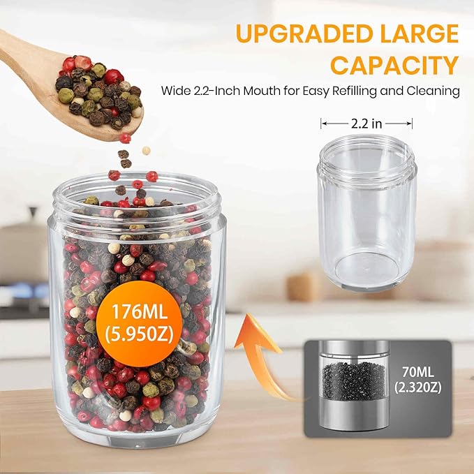 Gravity Electric Salt Grinder Set with Variable Grinding Speed, External Adjustable Coarseness, One Hand Operation, Upgraded Larger Capacity,White LED Light, Black 2 Pcs - Image 6