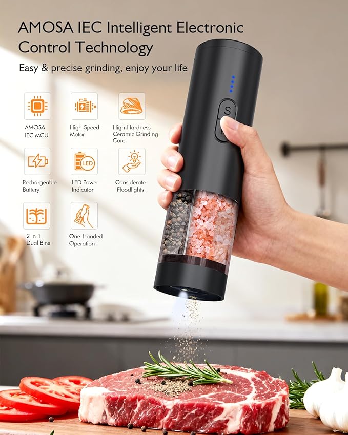 Electric Salt and Pepper Grinder Set, 2 in 1 Dual Bins USB Rechargeable Refillable Automatic Salt and Pepper Mill Shaker with LED Light, Dual Ceramic Grinder Adjustable Coarseness, kitchen gift, Black - Image 2