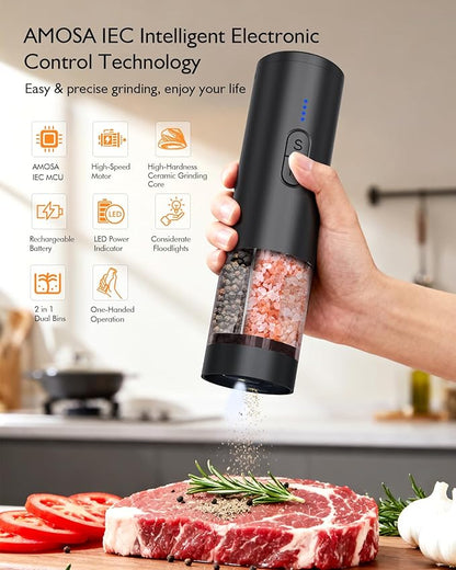 Electric Salt and Pepper Grinder Set, 2 in 1 Dual Bins USB Rechargeable Refillable Automatic Salt and Pepper Mill Shaker with LED Light, Dual Ceramic Grinder Adjustable Coarseness, kitchen gift, Black - Image 2