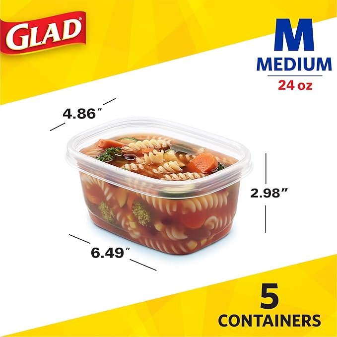 Glad GladWare Medium Rectangle Food Storage Containers with Lids, BPA Free Plastic for Soups Salads and Meal Prep, Airtight Leak Resistant, Microwave Dishwasher Freezer Safe, 24 Oz, 5 Count - 6 Pack - Image 6