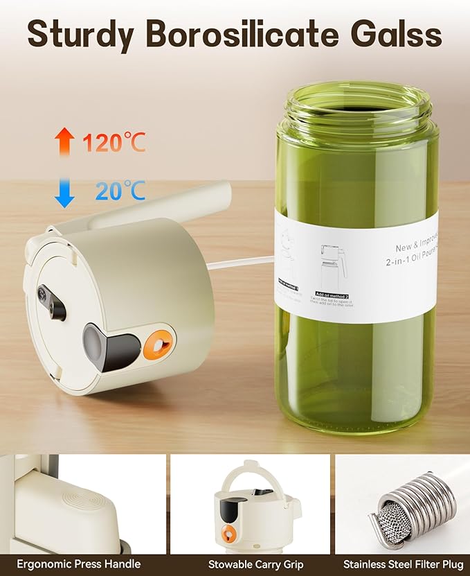 OURCABECUE Upgrade 2 in 1 Oil Sprayer for Cooking, 17oz Light-Blocking Glass Olive Oil Dispenser Bottle for Kitchen,Food-Grade Oil Mister with 8 Stickers for Salad, Frying (Green Bottle-White Gap) - Image 7