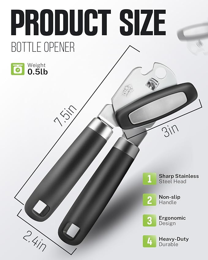 Multifunctional Can Opener Manual, Durable Heavy Duty Handheld Strong Can Opener with Smooth Cutting Edge, Friendly Kitchen Essentials Tool for Seniors, Camping and Bottle Opening-Black - Image 2