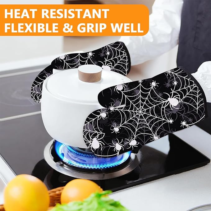 Spider Web Oven Mitts and Pot Holders Sets 4Pcs,Extra Long Oven Gloves Potholder for Kitchen Cooking Baking BBQ 100% Cotton Heat Resistant - Image 6