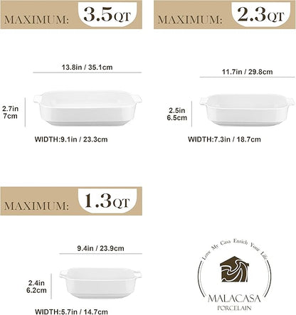 MALACASA Casserole Dishes for Oven, Ceramic Baking Dishes Set of 3, Rectangular Lasagna Pan Deep Baking Pans, Bakeware Sets with Handles Gift Set, White (13.8''/11.7''/9.4''), Series BAKE - Image 2