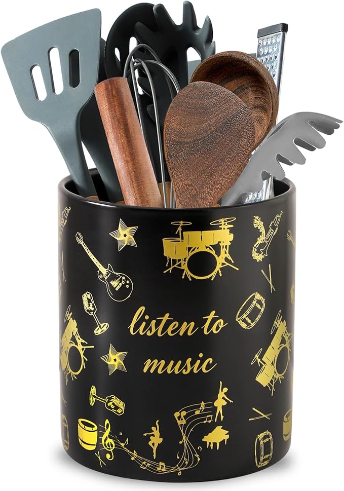 7" Music Utensil Holder, Large Kitchen Utensil Holder Organizer , Black Stable Utensil Crock Spatula Holder for Kitchen Counter Countertop Farmhouse Cooking Tools Holder（Black by Howise