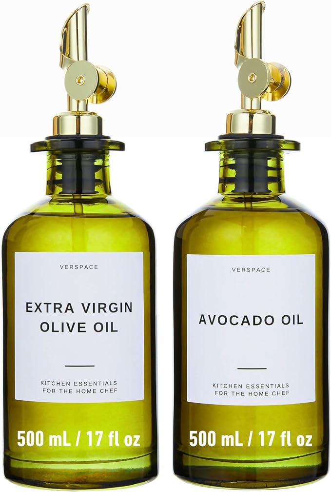 Verspace UV-Protected Green Glass Olive Oil Dispenser Bottles For Kitchen - 2 Pack - 17oz Includes 40 Kitchen Essential Labels, Avocado Oil Dispenser Set, Modern Decor for Home, Airbnb, Cafe Set of 2 by Verspace