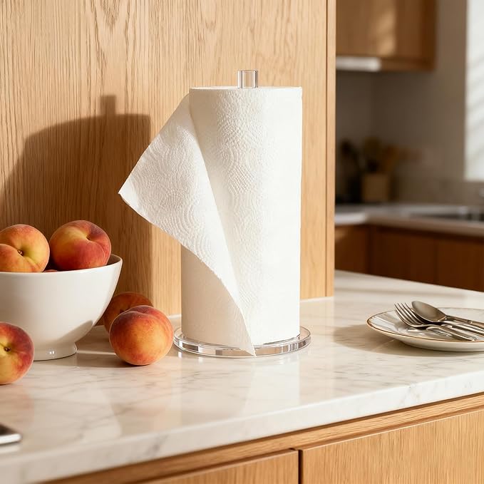 WORHE Paper Towel Holder Countertop Clear Acrylic 5.9" Diameter Thickening Sturdy Base,for Kitchen Bathroom, Paper Towel Dispenser for Tear Tissue Roll 1 Pack (YGC001) - Image 4