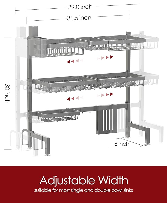 Sakugi Dish Drying Rack - Over The Sink Dish Drainer Drying Rack with Utensil & Knife Holder, Hooks, Stainless Steel Kitchen Organizers and Storage Solution, 11.8" D x 31.5"~39.0''W x 30" H, Gray - Image 2
