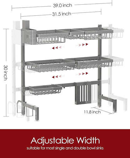 Sakugi Dish Drying Rack - Over The Sink Dish Drainer Drying Rack with Utensil & Knife Holder, Hooks, Stainless Steel Kitchen Organizers and Storage Solution, 11.8" D x 31.5"~39.0''W x 30" H, Gray - Image 2