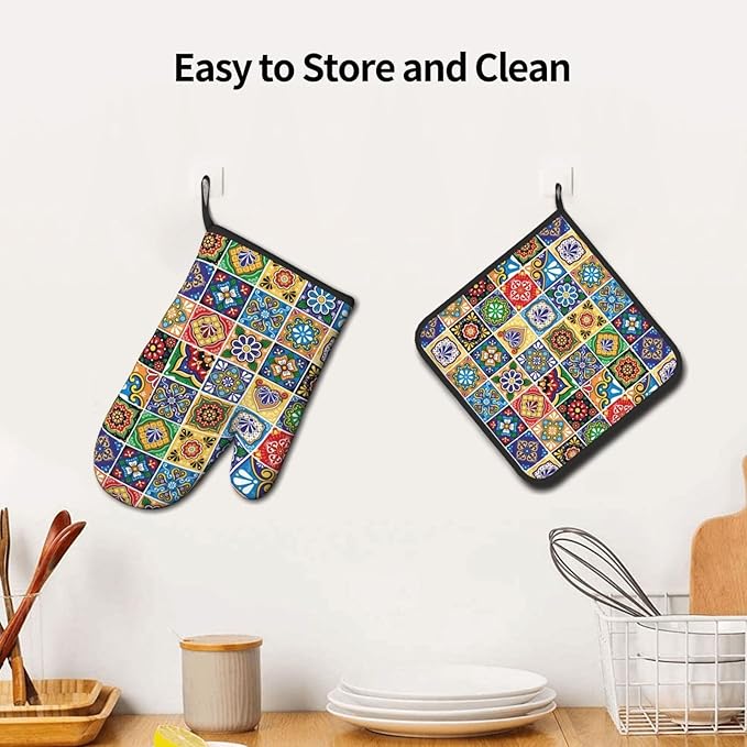 Mexican Talavera Tile Oven Mitts and Pot Holders Sets of 3, Heat Resistant Non-Slip Polyester Colorful Talavera Kitchen Gloves Gifts for Cooking Lovers, Vibrant Kitchen Decor for Baking BBQ Cooking - Image 5