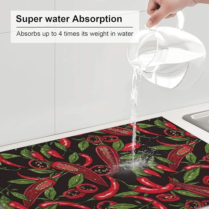 Red Chili Peppers Dish Drying Mat Vegetable Pepper Black Rustic Green Leaf Drying Rack Pad Countertop Dishes Ultra Absorbent Microfiber Kitchen Counter Mat 18x24 Inch