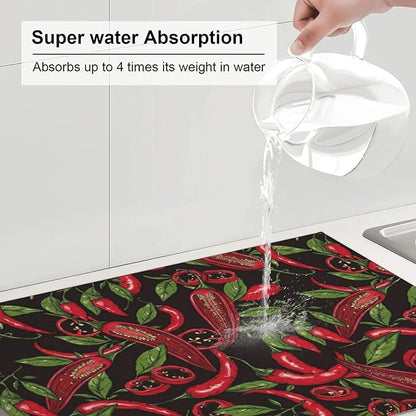 Red Chili Peppers Dish Drying Mat Vegetable Pepper Black Rustic Green Leaf Drying Rack Pad Countertop Dishes Ultra Absorbent Microfiber Kitchen Counter Mat 18x24 Inch