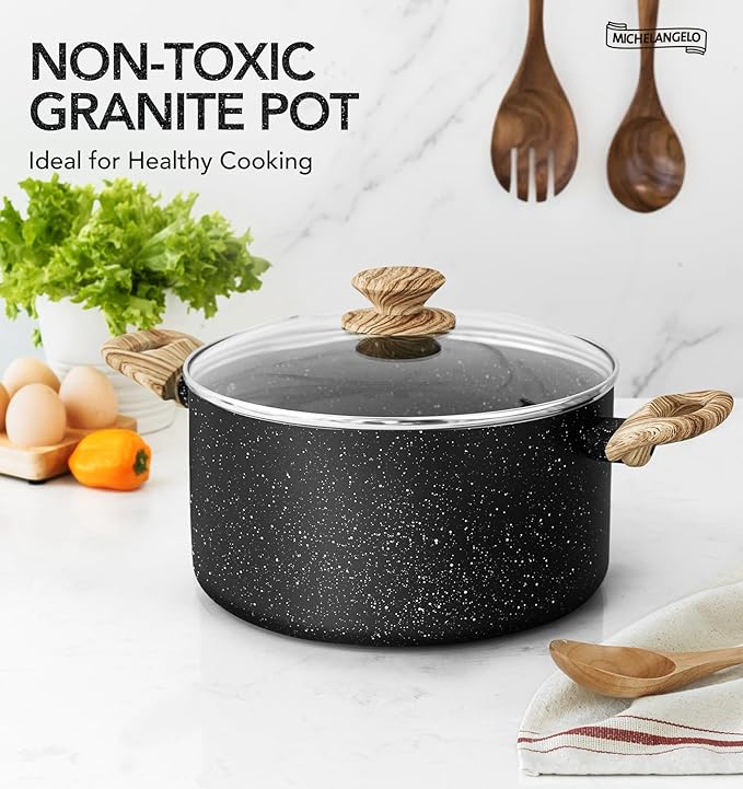 MICHELANGELO Stock Pot with Lid, 5 Quart Cooking Pot Nonstick, Granite Soup Pots with Lid, Induction Pot with Stay-cool Handle, 5 Qt Stockpot Non Stick Pots Black - Image 2