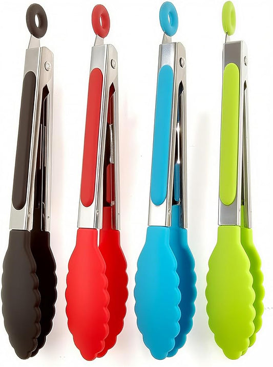 ZHIYE 4Pcs Silicone Tongs, Kitchen Tongs 7” Non-slip & Easy Grip Stainless Steel Handle - Smart Locking Clip - Heat Resistant, Food Grade