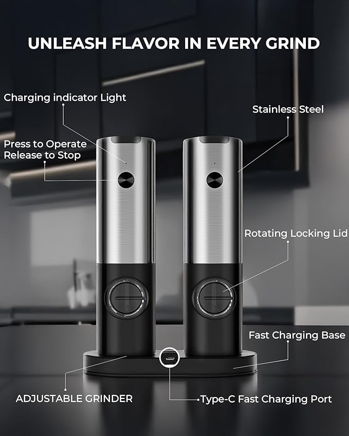 Electric Salt & Pepper Grinder Set - USB-C Rechargeable with LED Light & Charging Dock, 5 Adjustable Coarseness Settings, One-Touch Automatic Mills for Kitchen, Dining, and Gifts