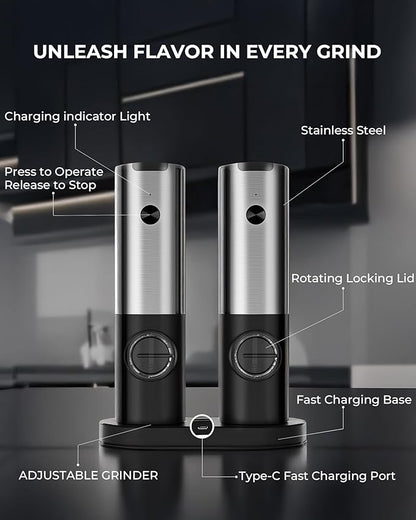 Electric Salt & Pepper Grinder Set - USB-C Rechargeable with LED Light & Charging Dock, 5 Adjustable Coarseness Settings, One-Touch Automatic Mills for Kitchen, Dining, and Gifts