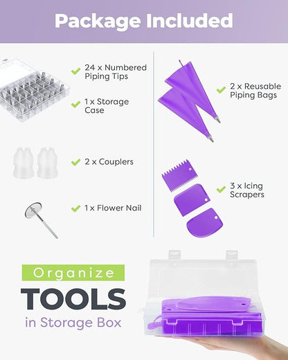 Kootek 32-Piece Piping Bags and Tips Set with 24 Icing Piping Tips, 2 Reusable Pastry Bags 12 Inch, Reusable Piping Icing Bags and Tips, Cake Decorating Kit for Frosting Cookie, Cupcake - Image 5