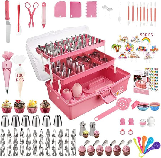 Cake Decorating Supplies Tools Kit: 358pcs Baking Accessories with Storage Case - Piping Bags and Icing Tips Set - Cupcake Cookie Frosting Fondant Bakery Set for Adults Beginners or Professional, Pink by AUKOW