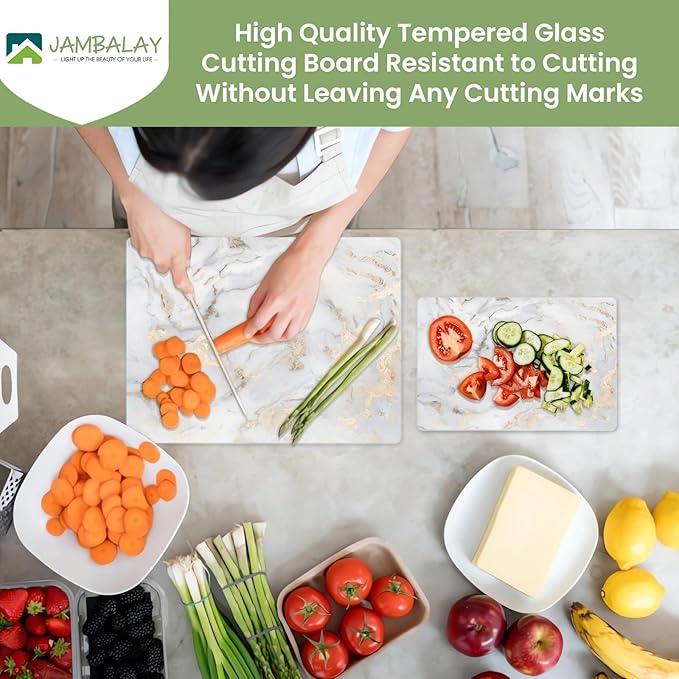 JAMBALAY Tempered Glass Cutting Boards for Kitchen, Gold 12"x8" & 16"x12" Glass Cutting Board Set with Marble Design, With Non Slip Foot, Shatter and Heat Resistant, Dishwasher Safe