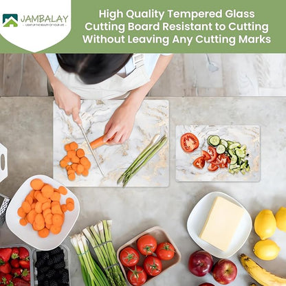 JAMBALAY Tempered Glass Cutting Boards for Kitchen, Gold 12"x8" & 16"x12" Glass Cutting Board Set with Marble Design, With Non Slip Foot, Shatter and Heat Resistant, Dishwasher Safe