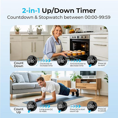Rechargeable Magnetic Kitchen Timer for Cooking, Building 800mAh Battery Large Display Digital Countdown Countup Timer, 3 Preset 5/15/25 Mins Loud Alarm for Baking Grilling Studying - 2PCS - Image 8