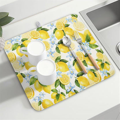 Kawani Lemon Dish Drying Mat 16x18 Inch Absorbent Reversible Spring Summer Drying Mat Floral Lemon Fruits Dish Drying Rack Mat Yellow Summer Themed Dish Drainer Mat for Kitchen Counter Coffee Bar