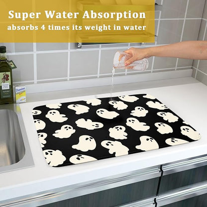 Halloween Ghosts Dish Drying Mat for Kitchen Counter Halloween Cute Ghost Drying Dish Mat 18”x24” Absorbent Microfiber Reversible Kithchen Mats for Countertop Fast Dry Dish Draining Mats for Halloween