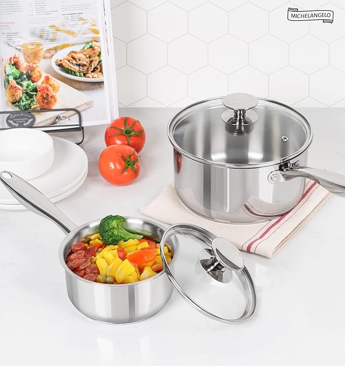 MICHELANGELO 1Qt & 2Qt Tri-ply Stainless Steel Saucepan Set, Small Cooking Pots with Tempered Glass Lids, Induction Ready, Oven & Dishwasher Safe, Multipurpose Sauce Pans for Home Kitchen & Restaurant - Image 7
