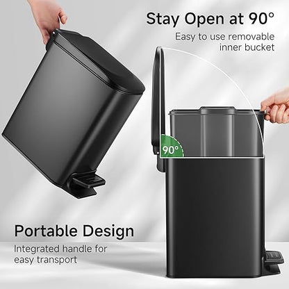 TIPGO Slim Bathroom Trash Can with Lid Soft Close, Step Pedal, 6 Liter / 1.6 Gallon Stainless Steel Trash Bin, Small Garbage Cans for Bedroom, Office, Kitchen (Matte Black) - Image 2