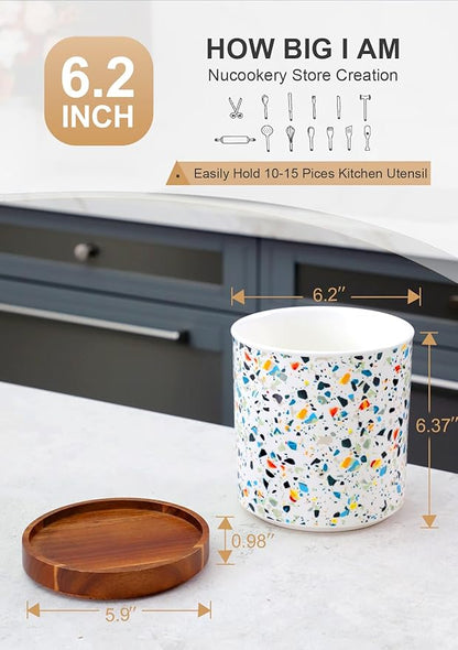 Nucookery 360°Rotating Utensil Holder, 7.2" Large Utensil Crock, White Ceramic Cooking Utensil Organizer,Farmhouse Kitchen Decor Christmas Thanksgiving Gift (Marble Pattern) - Image 2