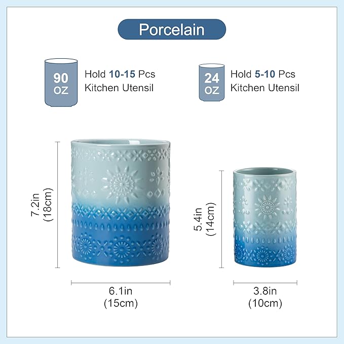LOVECASA Utensil Holder, 7.2"+5.4" Ceramic Utensil Holder for Countertop, Large Cooking Utensil Crocks for Kitchen Counter, Farmhouse Utensil Vase for Housewarming, Kitchen Decor, Set of 2, Oceans - Image 2