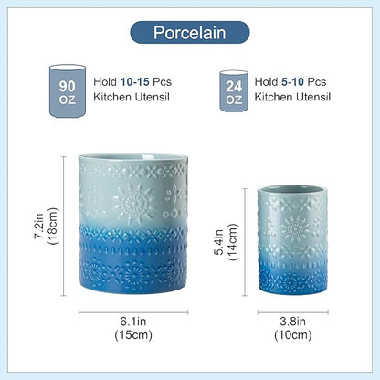 LOVECASA Utensil Holder, 7.2"+5.4" Ceramic Utensil Holder for Countertop, Large Cooking Utensil Crocks for Kitchen Counter, Farmhouse Utensil Vase for Housewarming, Kitchen Decor, Set of 2, Oceans - Image 2