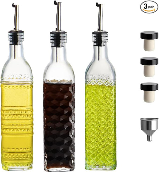 MDLUU Oil and Vinegar Dispenser Set, 17oz Clear Glass Olive Oil Bottles, Kitchen Vinegar Decanters with 3 Spouts, 3 Plugs, 1 Funnel, Pack of 3 by MDLUU
