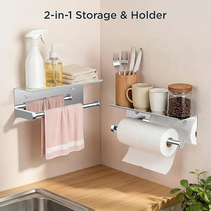 FORIOUS Paper Towel Holder with Shelf, SUS304 Stainless Steel Paper Towel Holder with Storage Shelf, Wall Mount Screw Paper Roll Organizer Commercial Paper Hand Towel Dispensers, Chrome - Image 2
