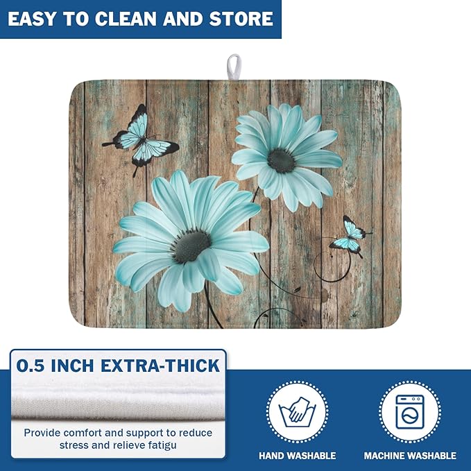 Teal Sunflowers Drying Mat 24x18 Inch, Summer Wooden Board Drying Mat with Absorbent Reversible Microfiber, Rustic Dish Drainer Mats Shabby Chic Floral Rack Pad for Coffee Countertop Kitchen Protector